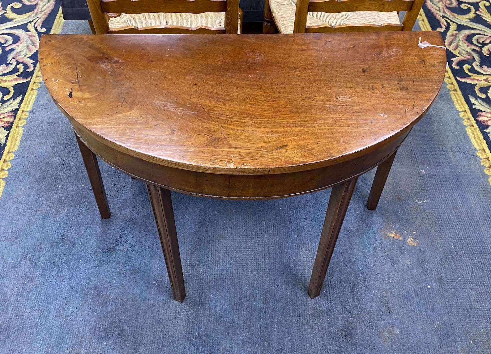 A George III mahogany demi-lune side table, length 104cm, depth 48cm, height 73cm